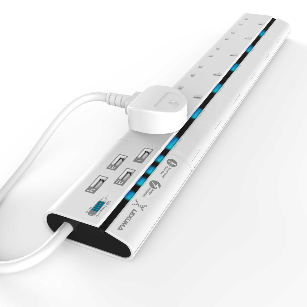 Lexuma XStrip – 6 Gang UK Surge Protector Power Strip with 4 USB Ports - GadgetiCloud