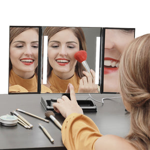 LED Lighted 3-fold Desktop Makeup Vanity Mirror - 10X Magnification - GadgetiCloud
